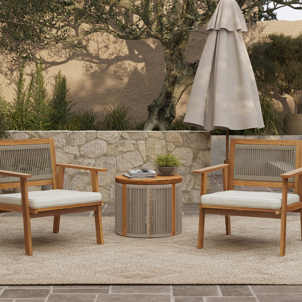 Runder Beistelltisch aus Akazienholz mit Seilgeflecht