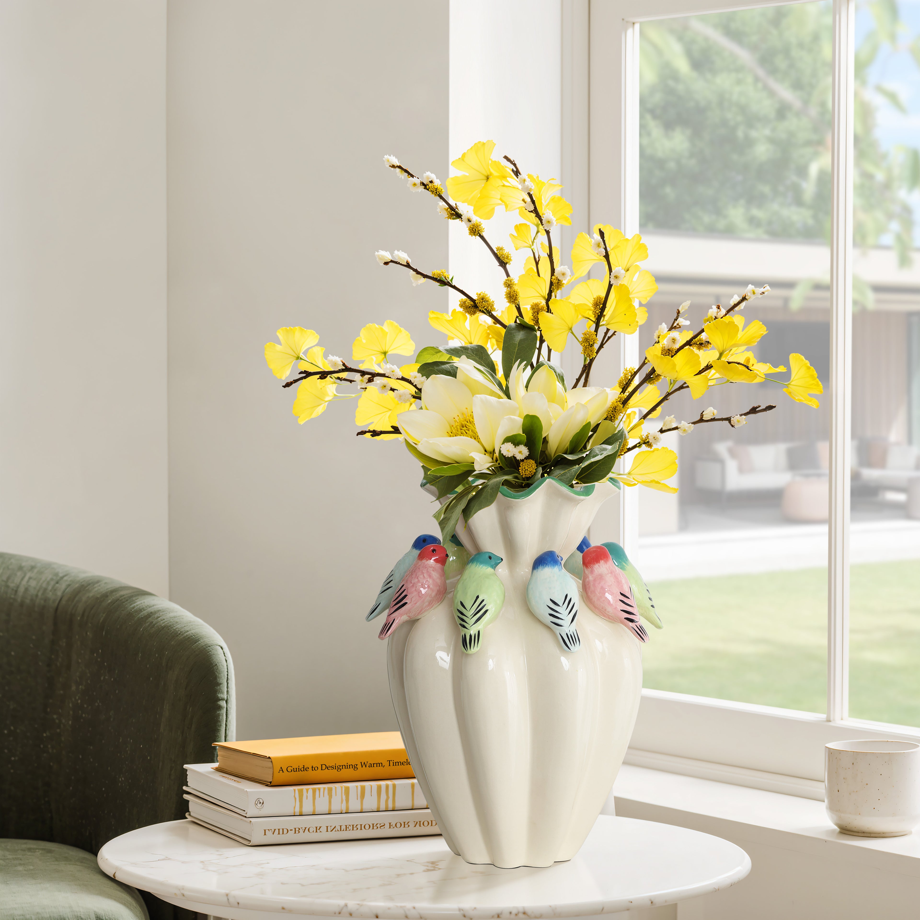 38,5 cm Keramikvase mit bunten Vogelmotiven