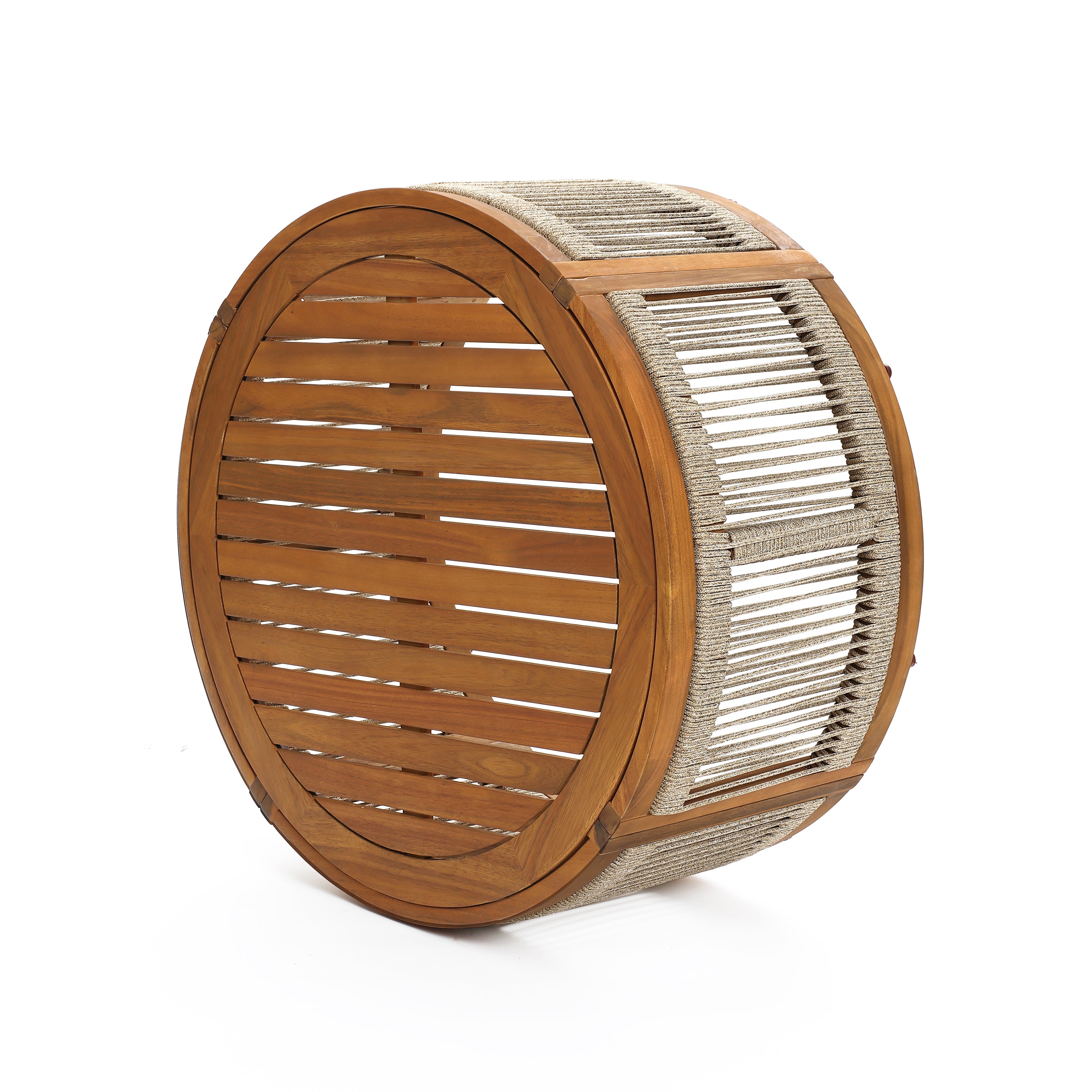Runder Couchtisch aus Akazienholz mit Seilgeflecht