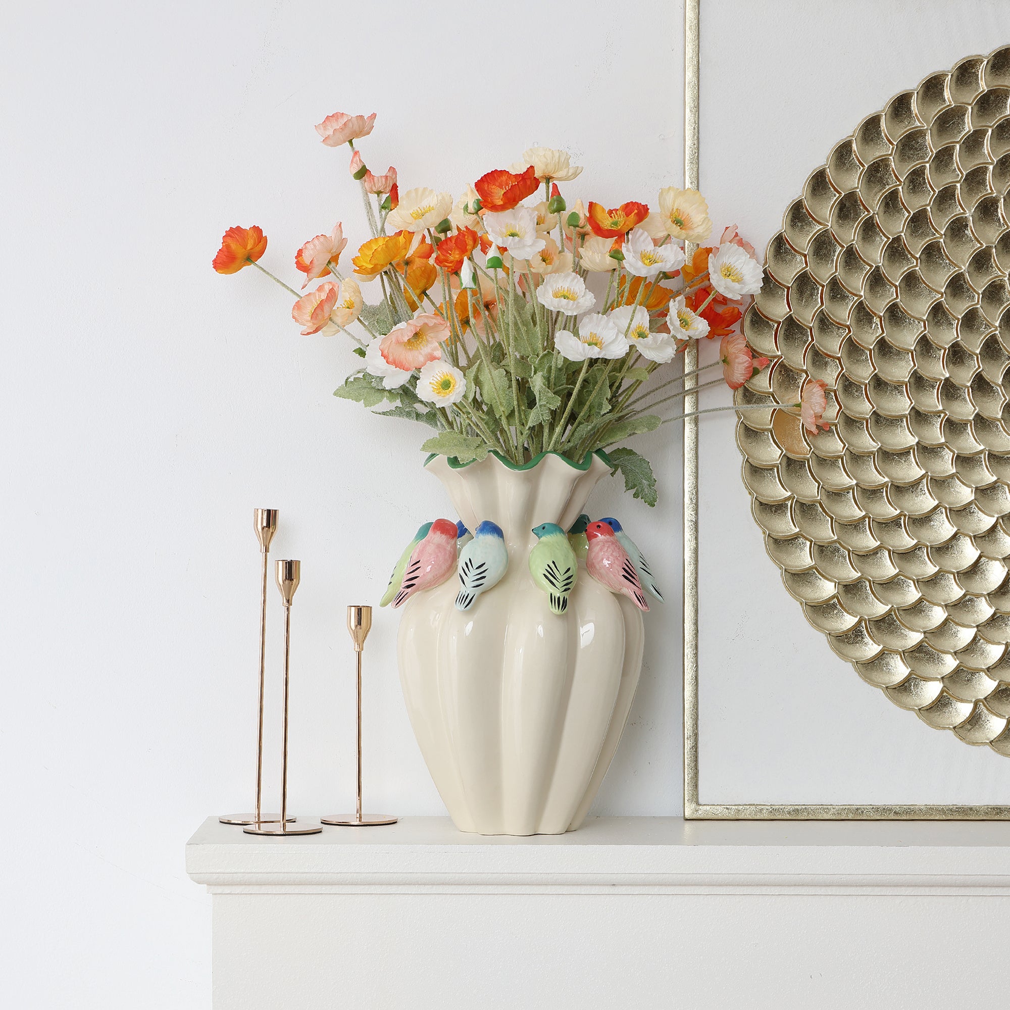 38,5 cm Keramikvase mit bunten Vogelmotiven