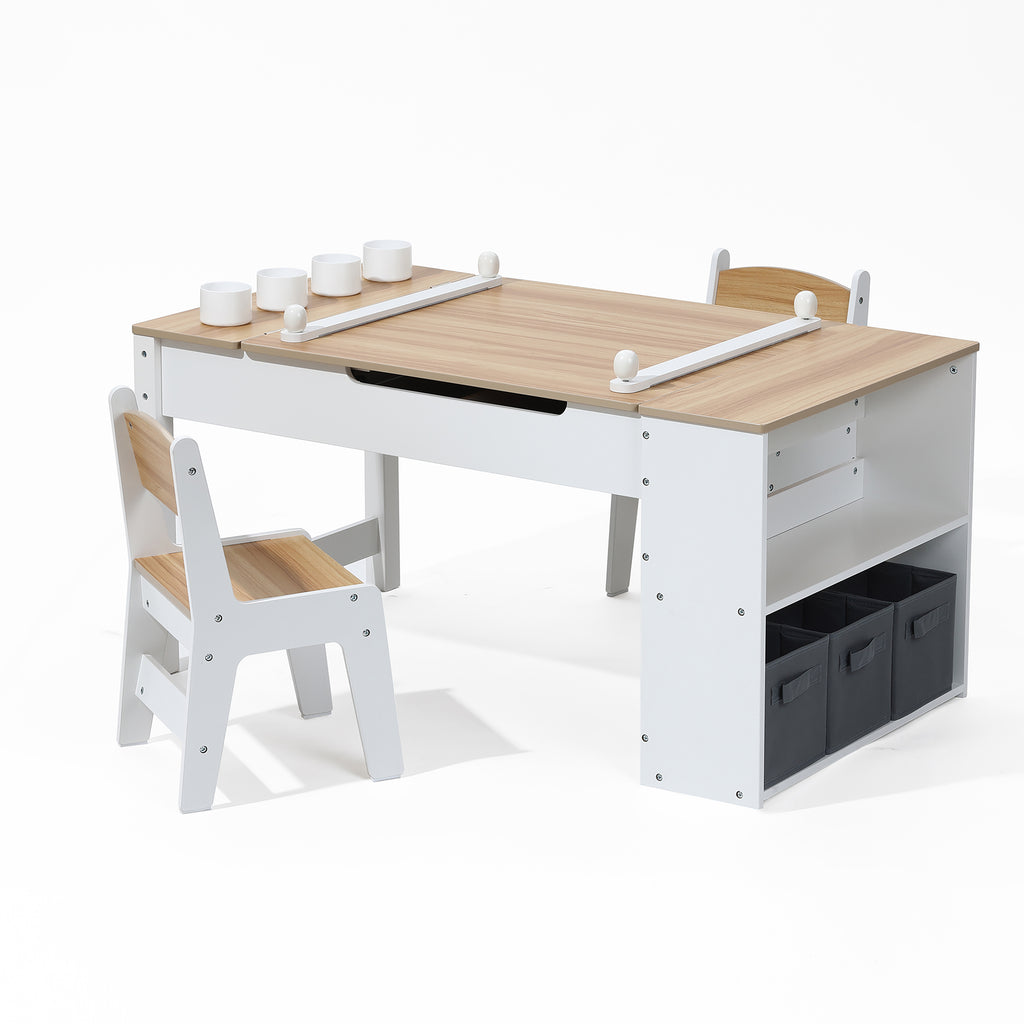 Kindertisch-Set mit 2 Stühlen, Papierrolle und Stauraum, Weiß/Natur
