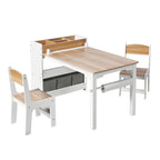 Kinder-Schreibtisch mit Bücherregal, 2 Stühlen und Papierrollenhalter, Weiß/Natur