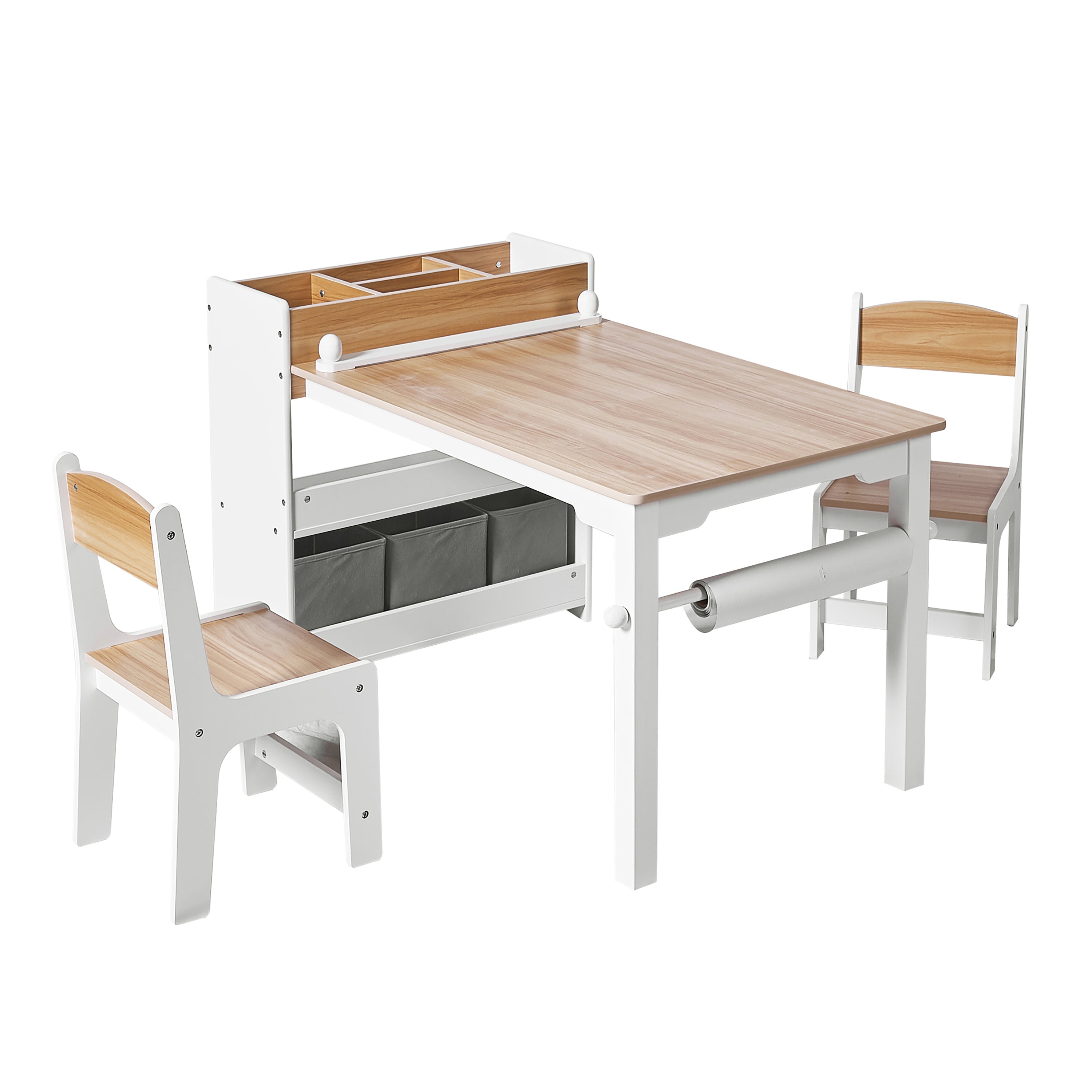 Kinder-Schreibtisch mit Bücherregal, 2 Stühlen und Papierrollenhalter, Weiß/Natur