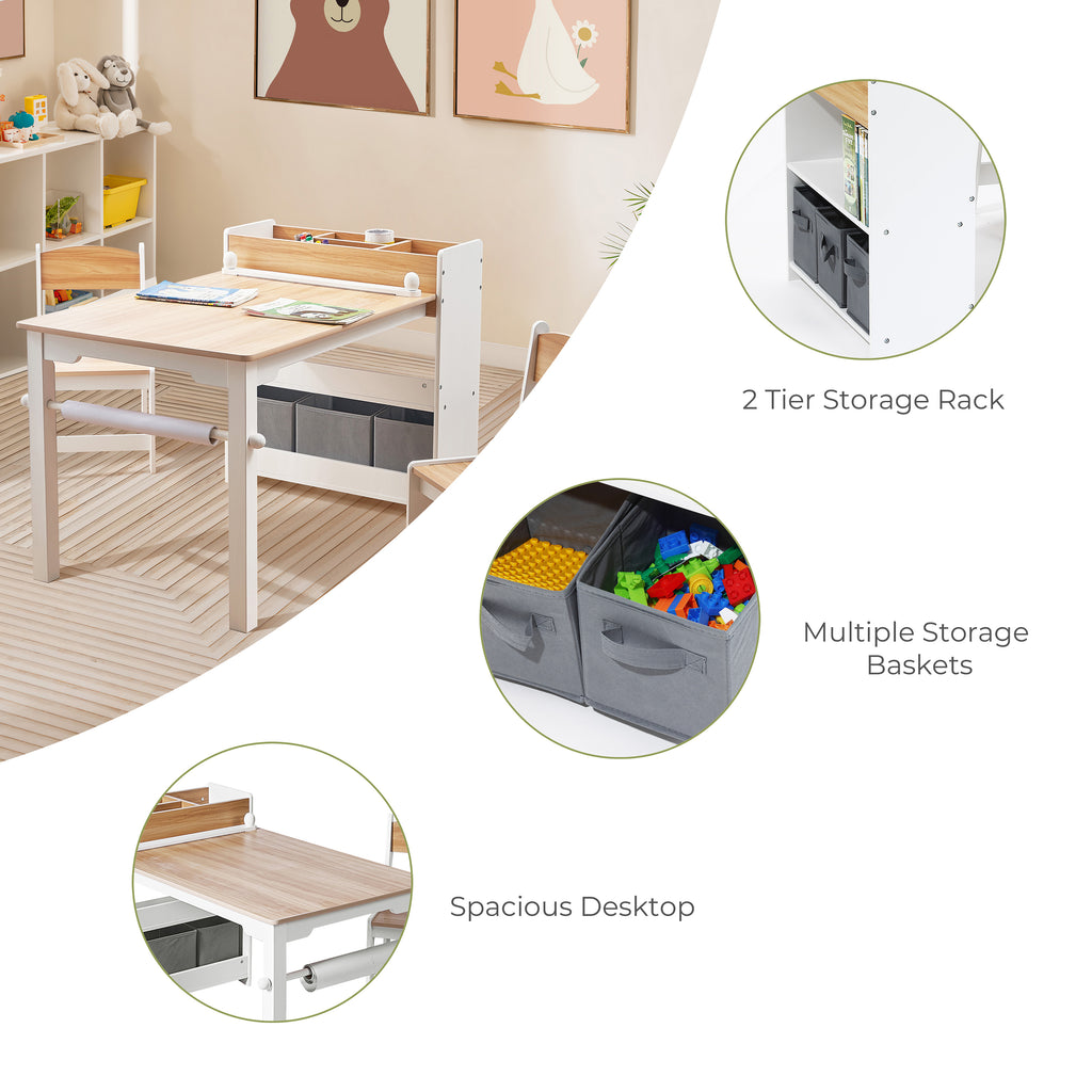 Kinder-Schreibtisch mit Bücherregal, 2 Stühlen und Papierrollenhalter, Weiß/Natur
