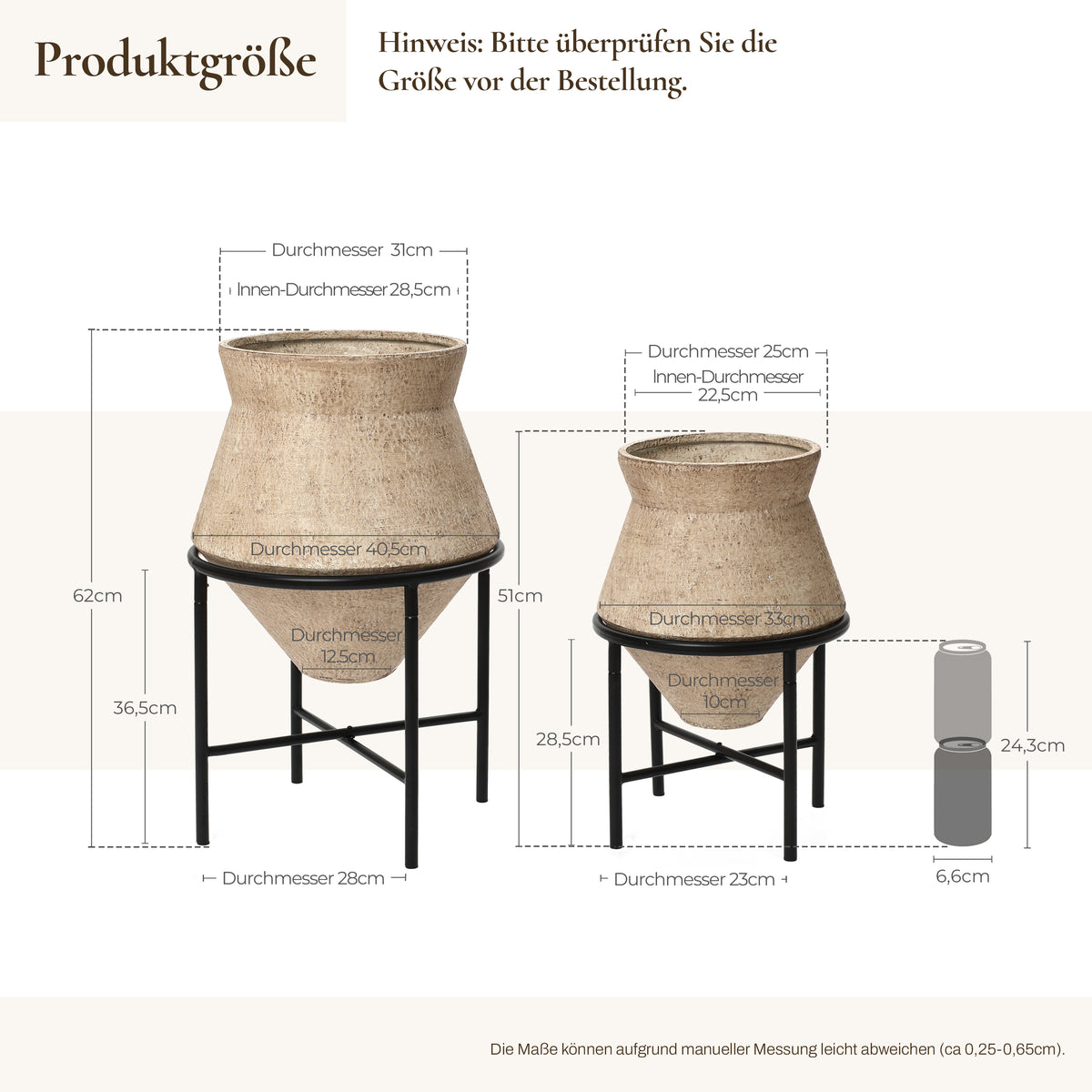 Hometopia 2er Blumentopf Set Frostsicher Formstabil Ø31 & 25 cm ohne Ablaufloch (Hellbraun)