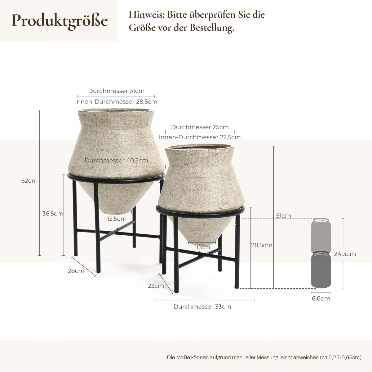 Hometopia 2er Blumentopf Set Frostsicher Formstabil Ø31 & 25 cm ohne Ablaufloch (Beige)