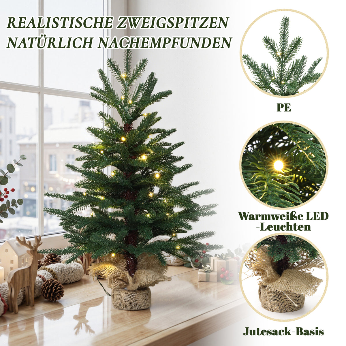 68 cm Künstlicher Weihnachtsbaum mit Beleuchtung, LED Kleiner Christbaum