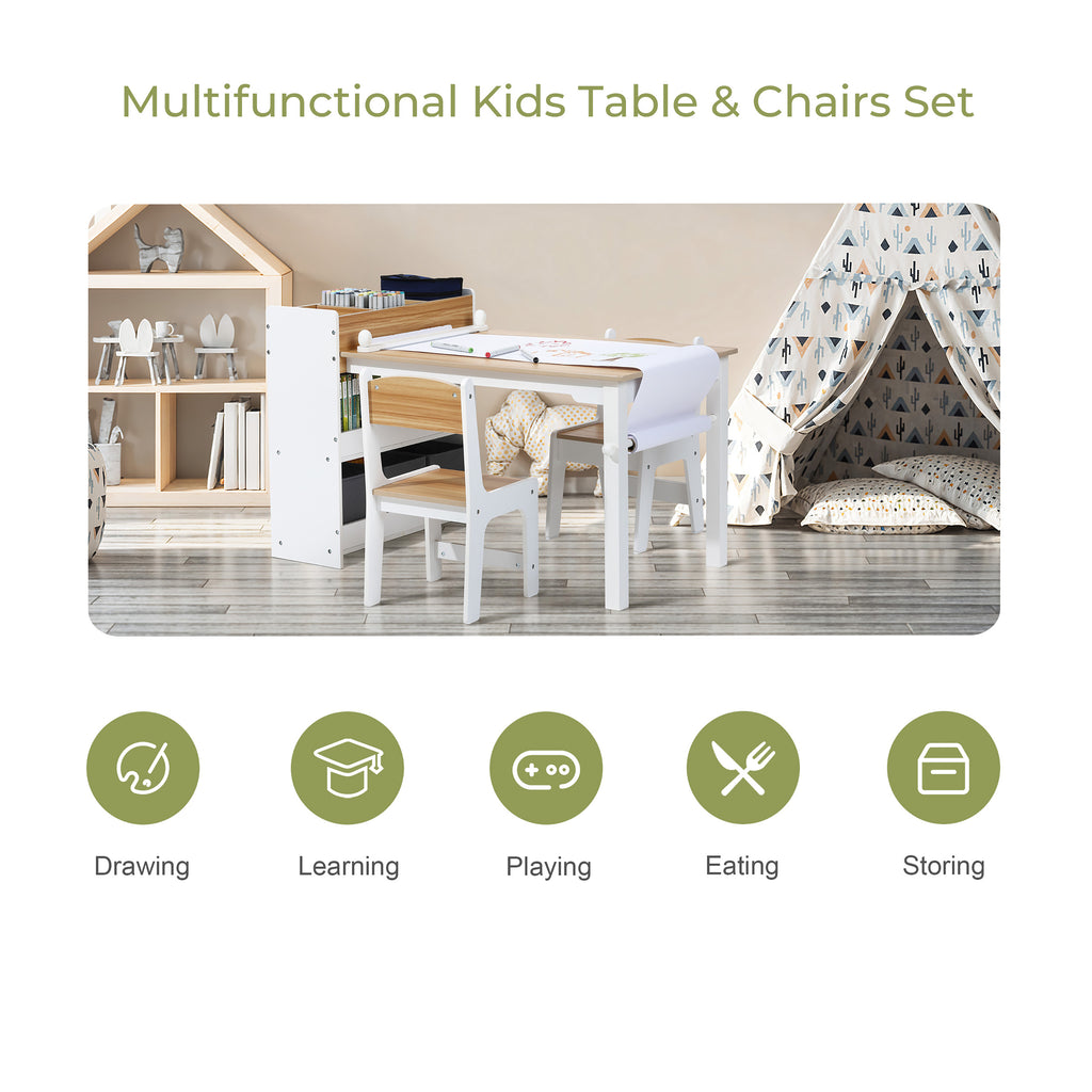 Kinder-Schreibtisch mit Bücherregal, 2 Stühlen und Papierrollenhalter, Weiß/Natur