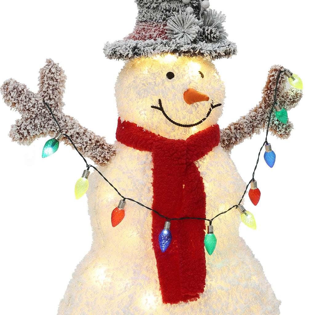 LED-Schneemann mit Schneeeffekt –  Leuchtende Weihnachtsfigur mit Zylinderhut, rotem Schal für Innen und Außen