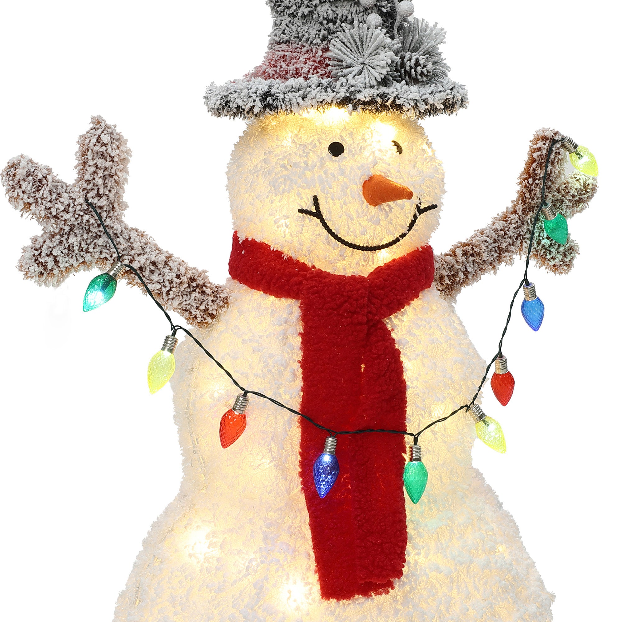 LED-Schneemann mit Schneeeffekt –  Leuchtende Weihnachtsfigur mit Zylinderhut, rotem Schal für Innen und Außen