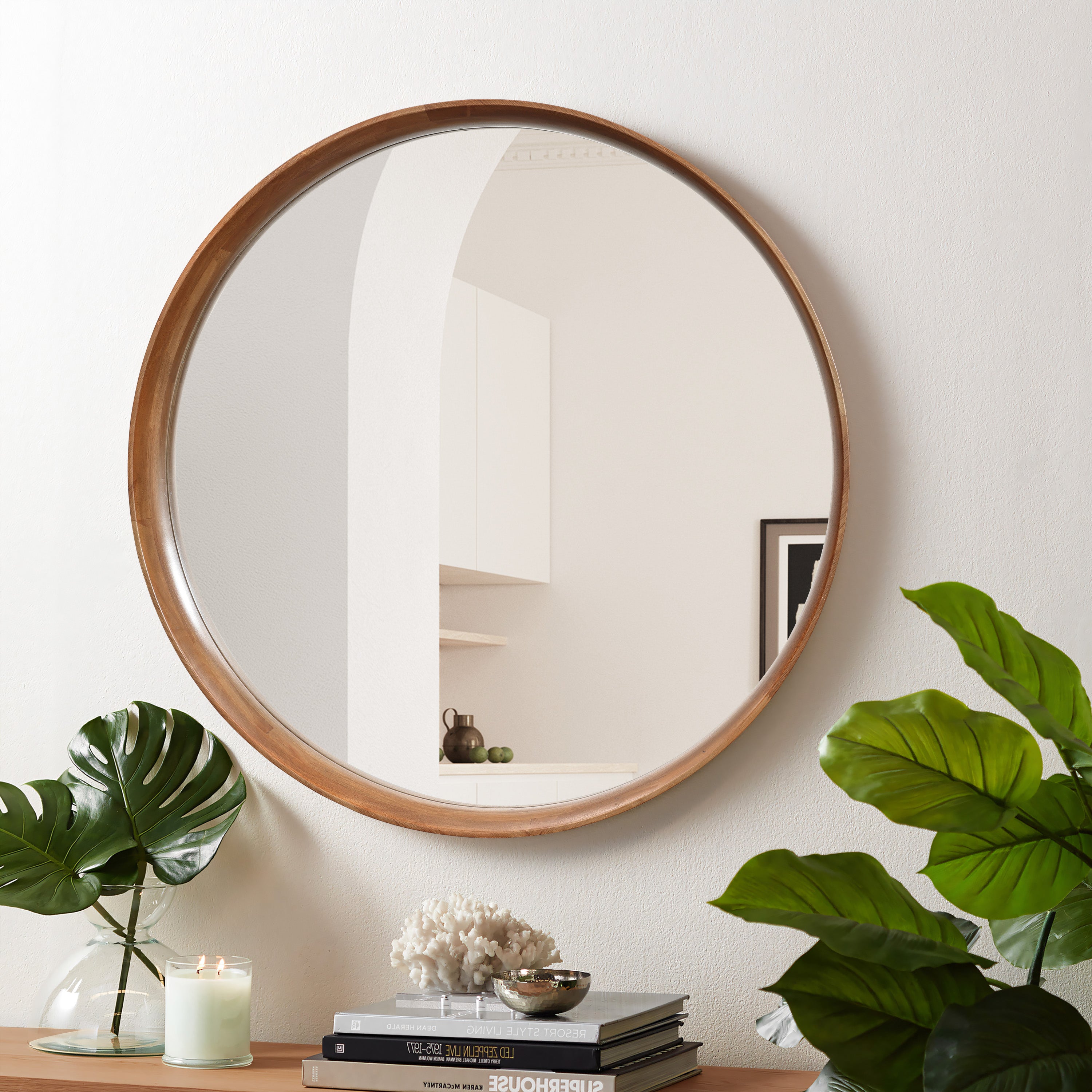 Runder Wandspiegel mit Jean-Holzrahmen Durchmesser 80 cm