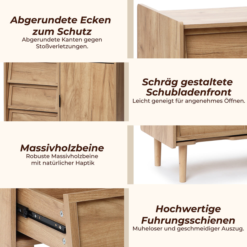 Hometopia Sideboard Holz mit 3 Schubladen & Tür, Kommode mit Verstellbarem Einlegeboden, Anrichte für Wohnzimmer und Flur, 80 × 39 × 74 cm