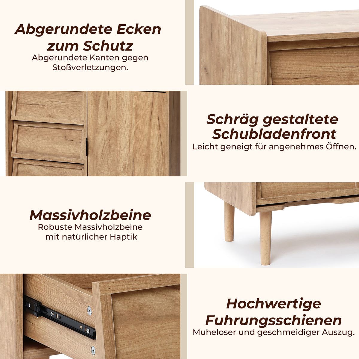 Hometopia Sideboard Holz mit 3 Schubladen & Tür, Kommode mit Verstellbarem Einlegeboden, Anrichte für Wohnzimmer und Flur, 80 × 39 × 74 cm