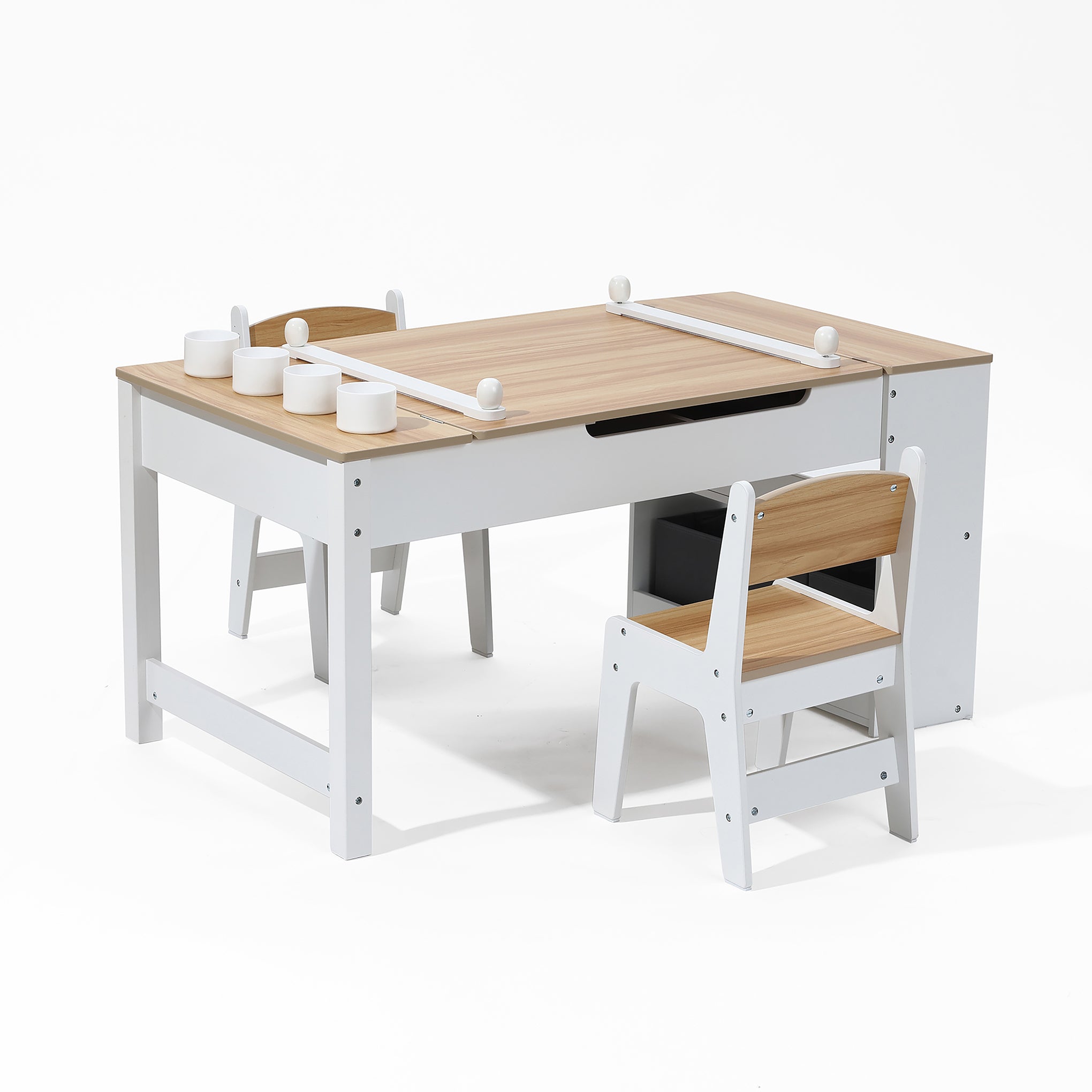 Kindertisch-Set mit 2 Stühlen, Papierrolle und Stauraum, Weiß/Natur