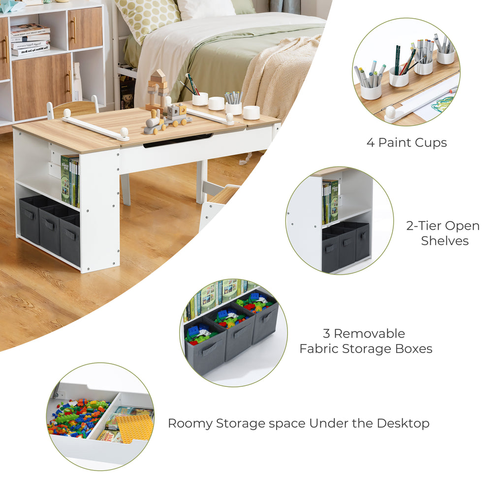 Kindertisch-Set mit 2 Stühlen, Papierrolle und Stauraum, Weiß/Natur