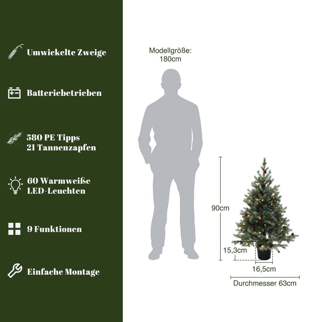 Künstlicher Weihnachtsbaum 90 cm mit Beleuchtung, 9 Lichtmodi