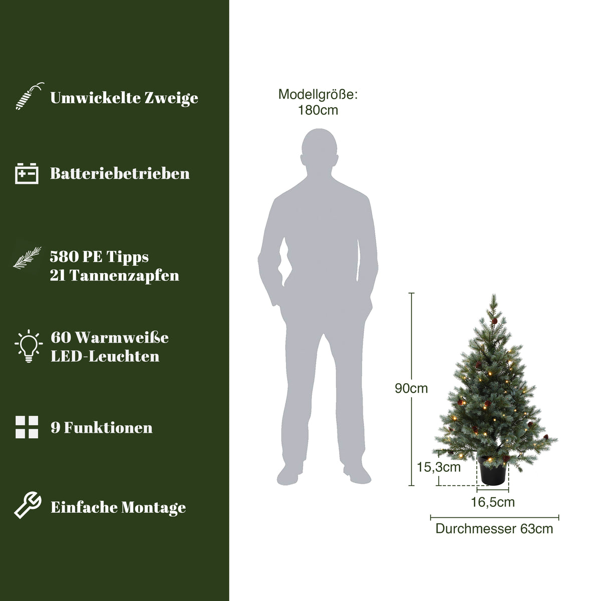 Künstlicher Weihnachtsbaum 90 cm mit Beleuchtung, 9 Lichtmodi