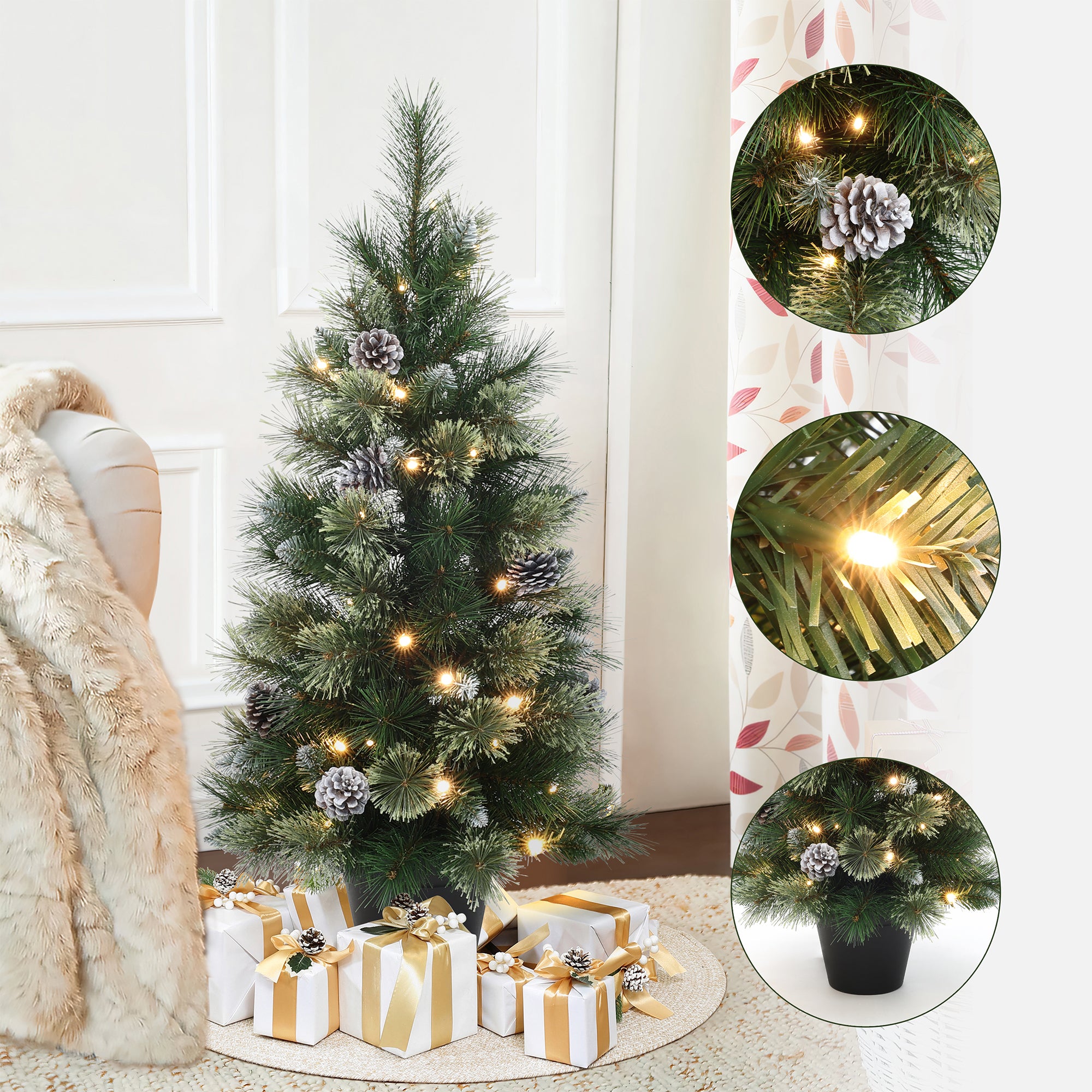 90 cm künstlicher Weihnachtsbaum mit integrierter LED-Beleuchtung und Tannenzapfen-Dekor