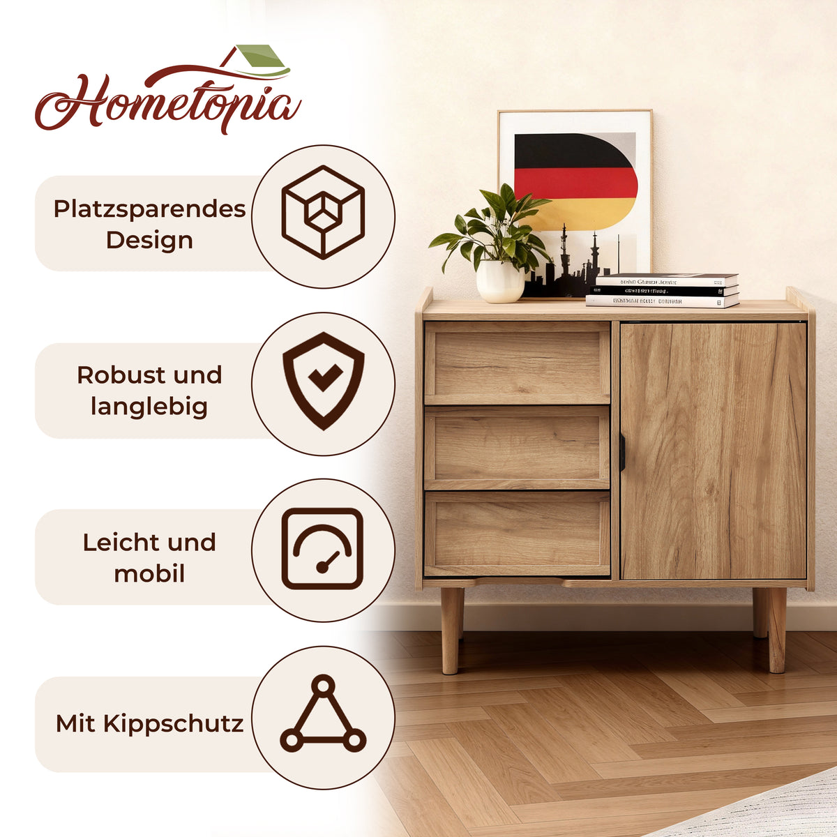 Hometopia Sideboard Holz mit 3 Schubladen & Tür, Kommode mit Verstellbarem Einlegeboden, Anrichte für Wohnzimmer und Flur, 80 × 39 × 74 cm