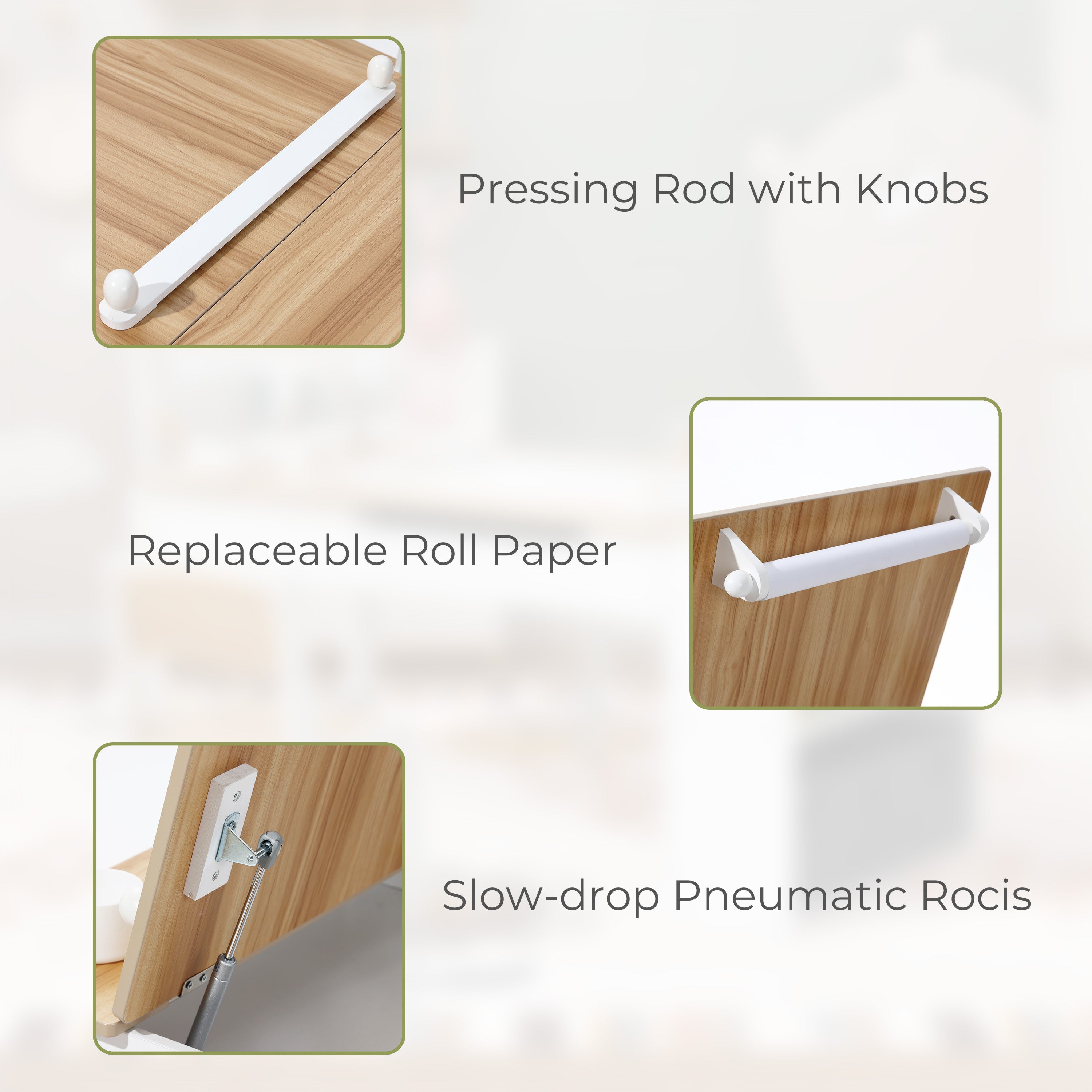 Kindertisch-Set mit 2 Stühlen, Papierrolle und Stauraum, Weiß/Natur