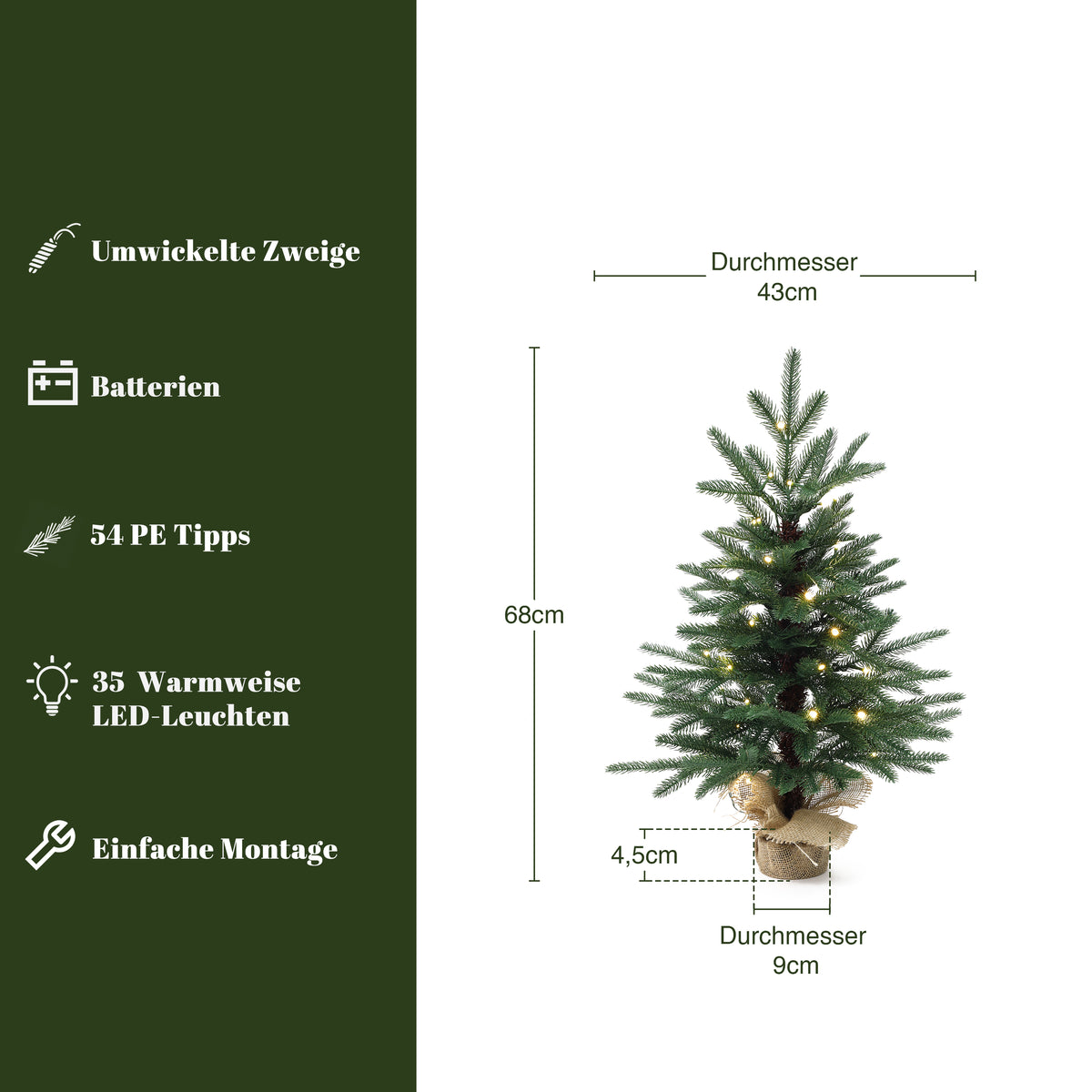 68 cm Künstlicher Weihnachtsbaum mit Beleuchtung, LED Kleiner Christbaum
