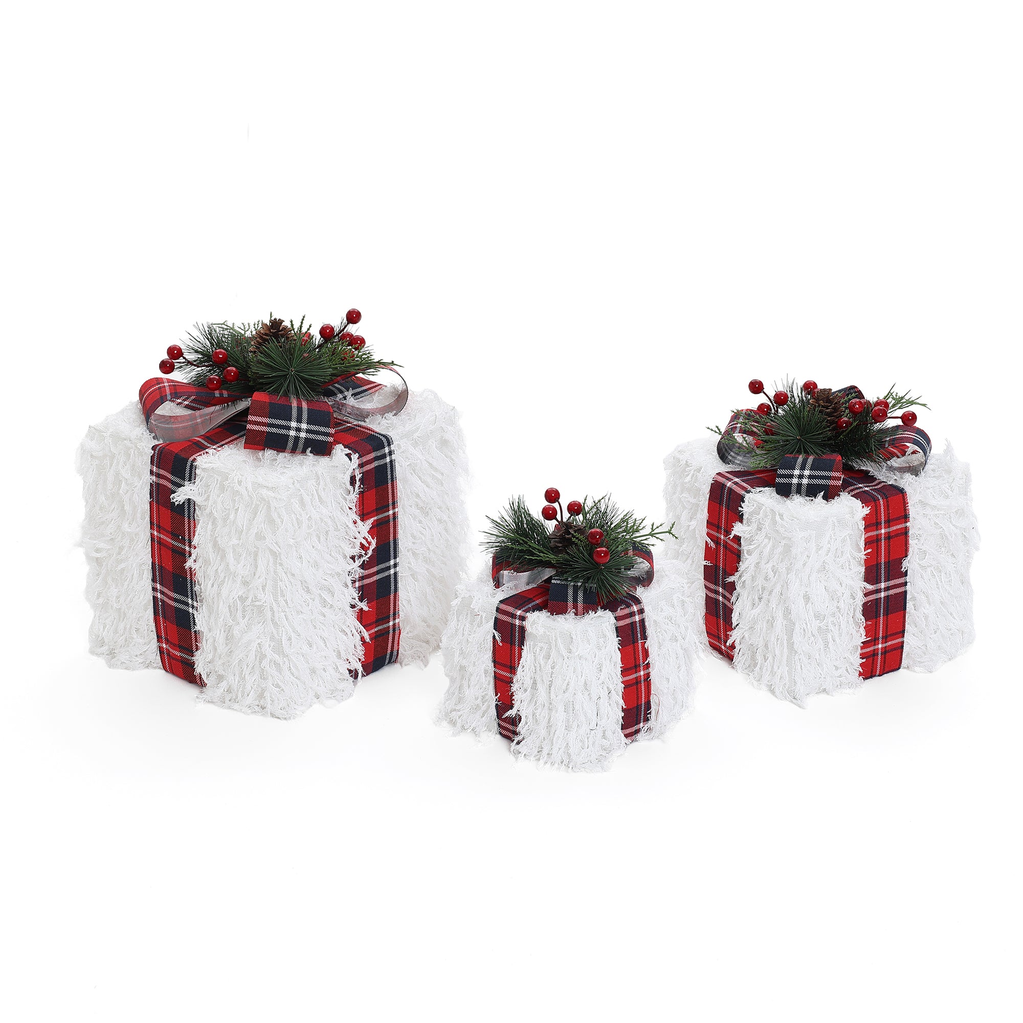 3er-Set LED-Geschenkboxen – Weihnachtsdeko im Plüsch-Design mit karierten Schleifen und Beeren