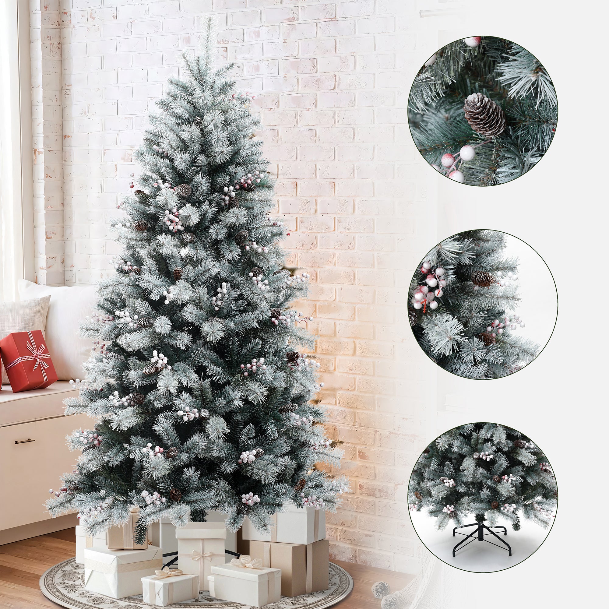 180 cm künstlicher Weihnachtsbaum mit Frost-Effekt – dekoriert mit Schneezapfen & roten Beeren