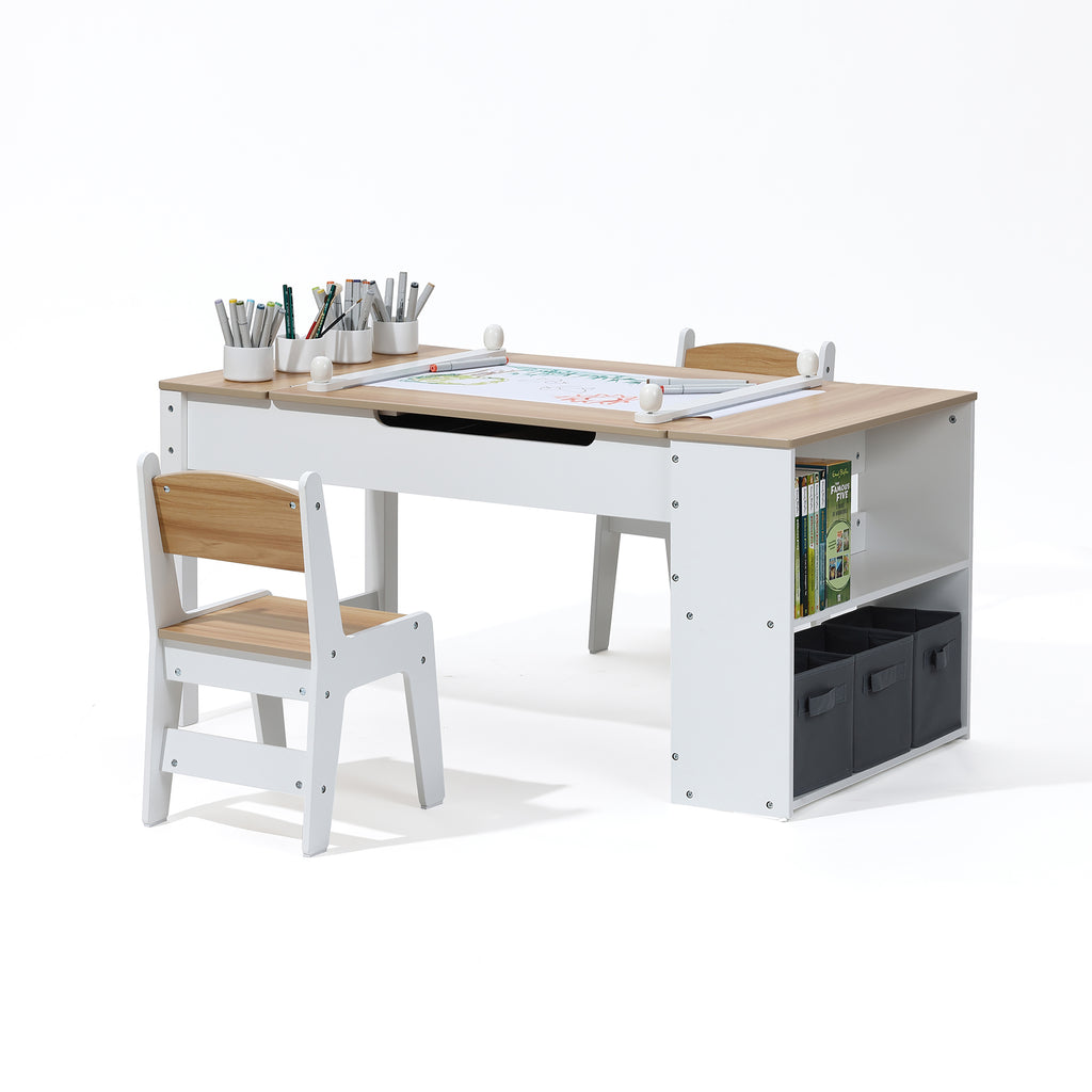 Kindertisch-Set mit 2 Stühlen, Papierrolle und Stauraum, Weiß/Natur