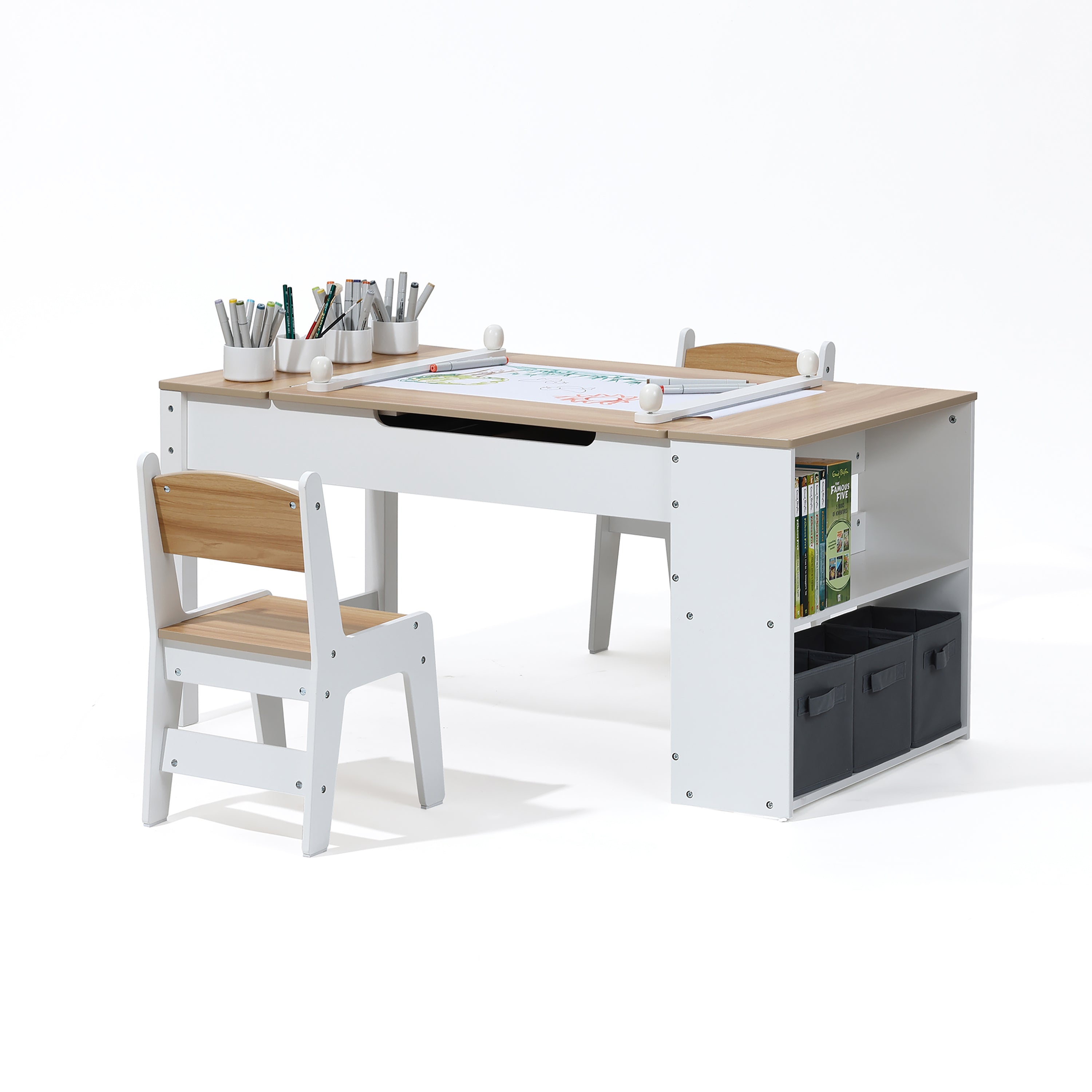 Kindertisch-Set mit 2 Stühlen, Papierrolle und Stauraum, Weiß/Natur