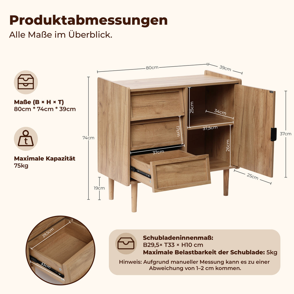 Hometopia Sideboard Holz mit 3 Schubladen & Tür, Kommode mit Verstellbarem Einlegeboden, Anrichte für Wohnzimmer und Flur, 80 × 39 × 74 cm