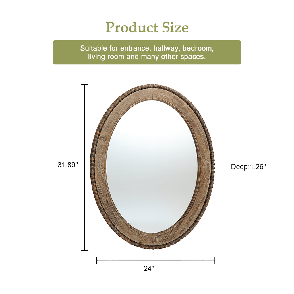 Elliptischer Holz-Wandspiegel mit Perlrand – Rustikal-Eleganter Deko-Spiegel