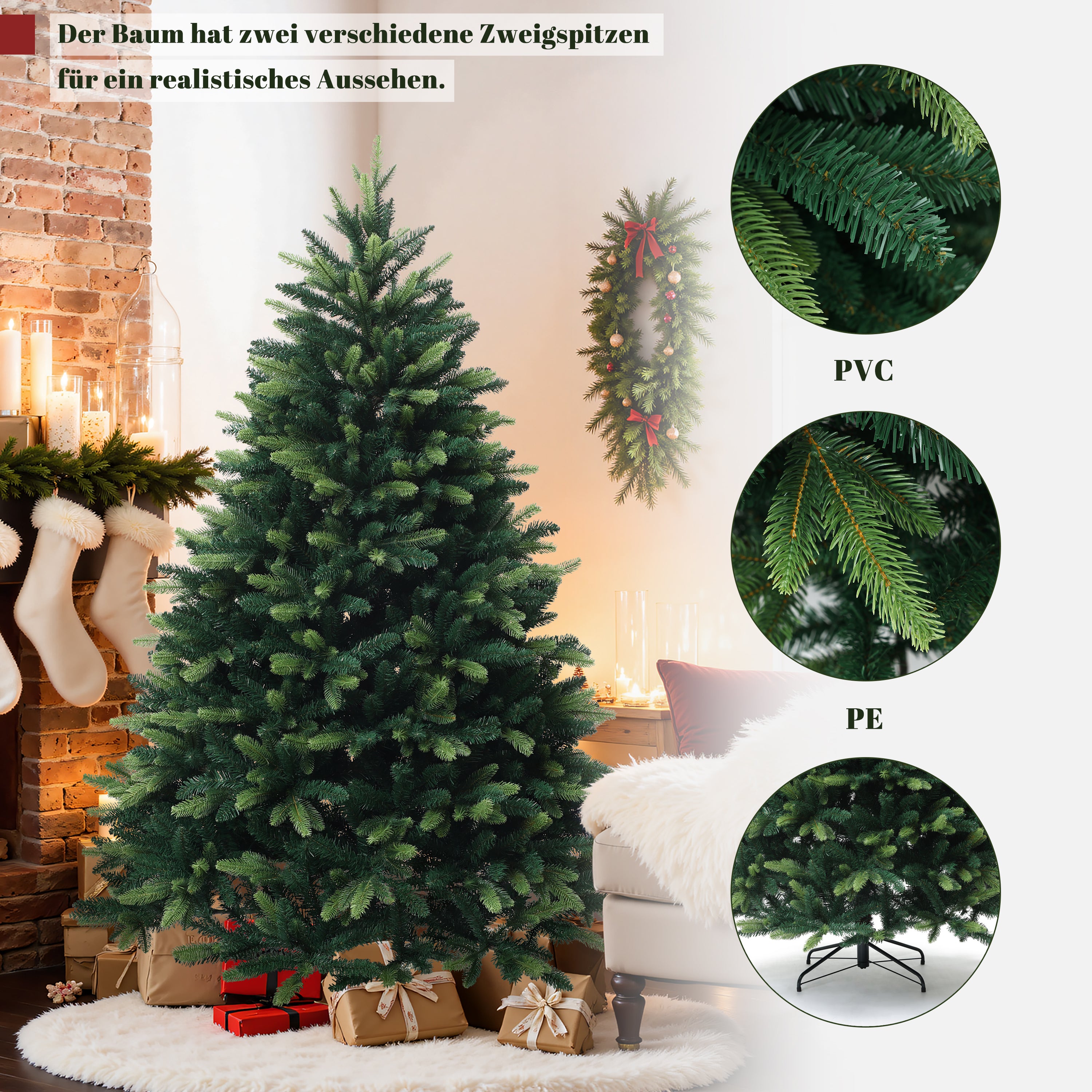 180 cm künstlicher Weihnachtsbaum – Kompaktes Modell mit 1893 Zweige (PE+PVC), Ø 126 cm, inkl. stabilem Metallständer