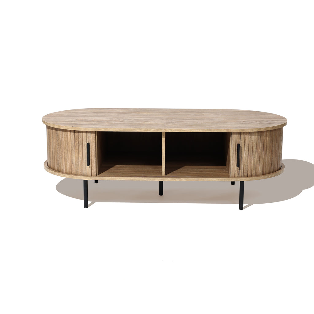 Ovaler Couchtisch mit Stauraum und Holzoptik