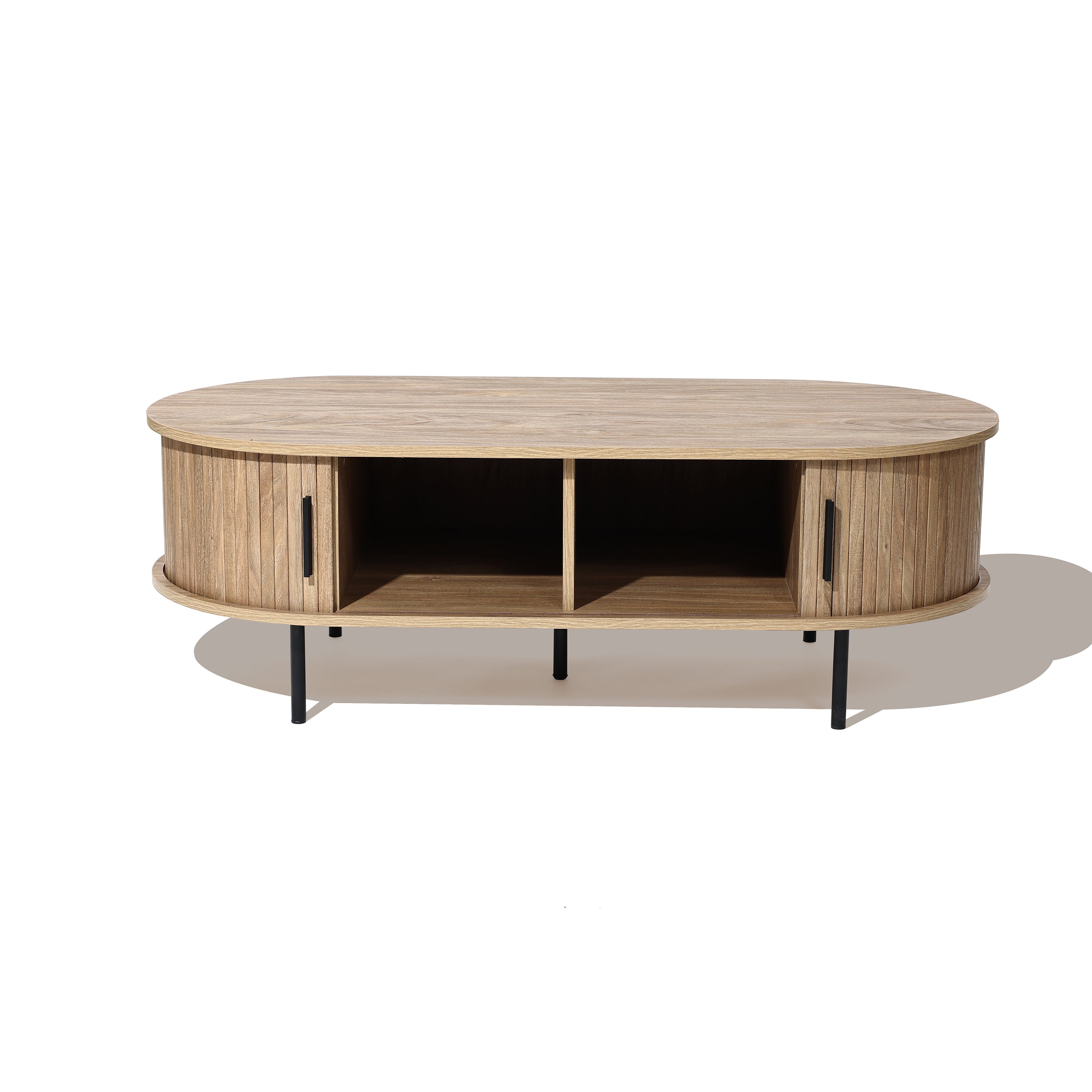 Ovaler Couchtisch mit Stauraum und Holzoptik