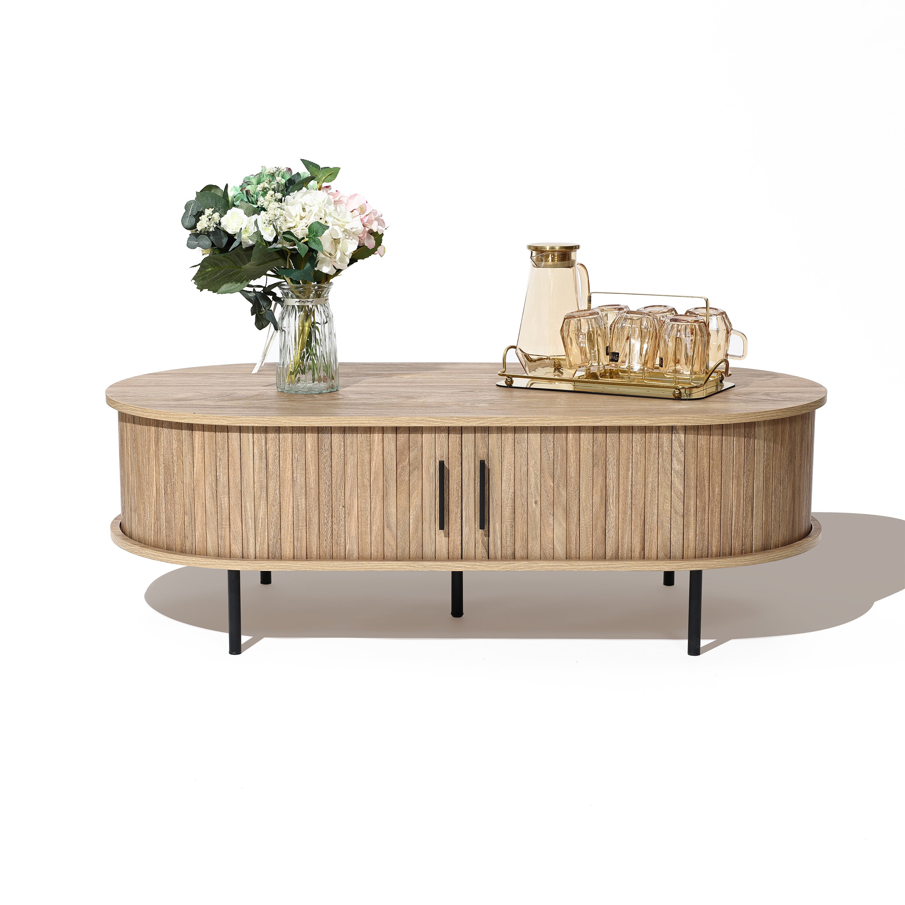 Ovaler Couchtisch mit Stauraum und Holzoptik