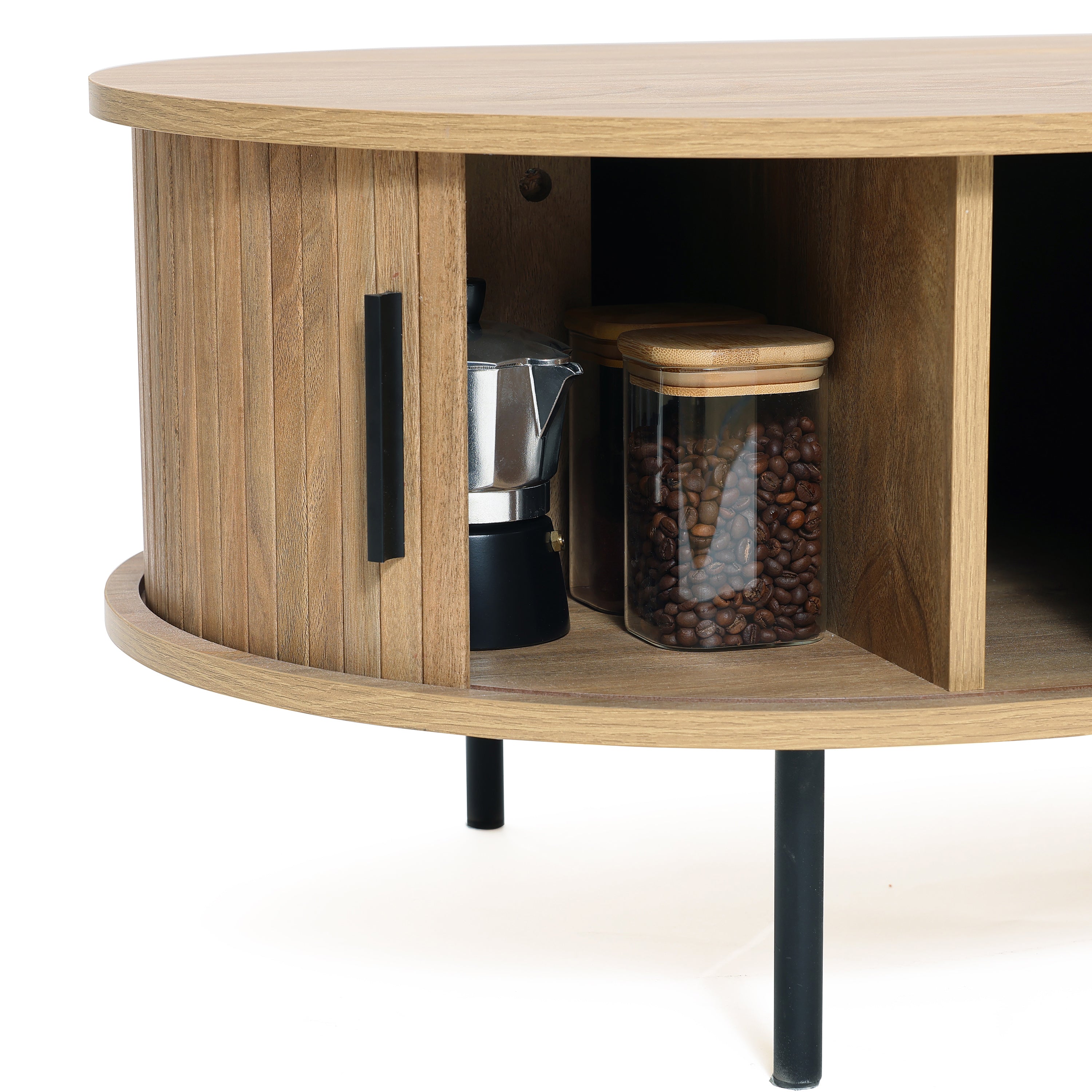 Ovaler Couchtisch mit Stauraum und Holzoptik