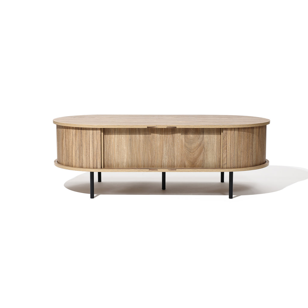 Ovaler Couchtisch mit Stauraum und Holzoptik