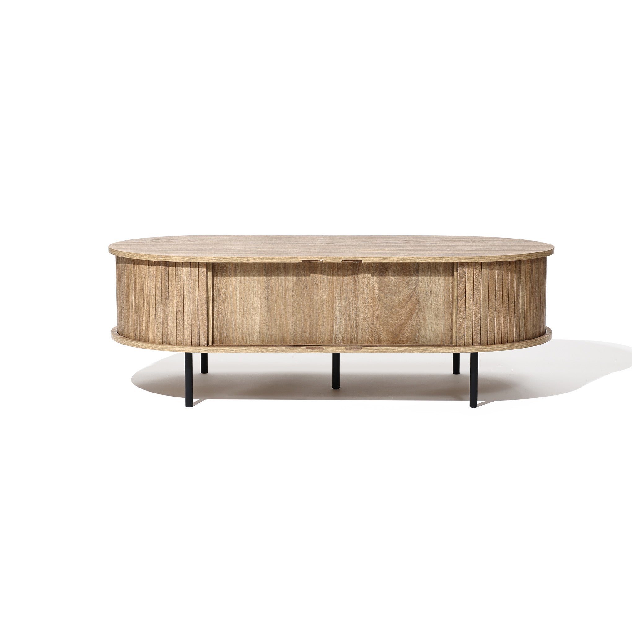 Ovaler Couchtisch mit Stauraum und Holzoptik