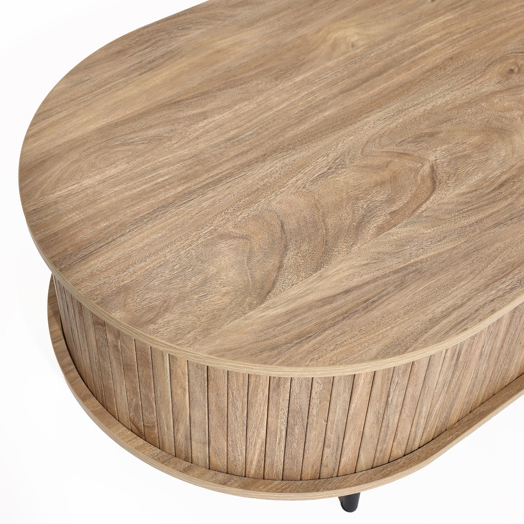 Ovaler Couchtisch mit Stauraum und Holzoptik