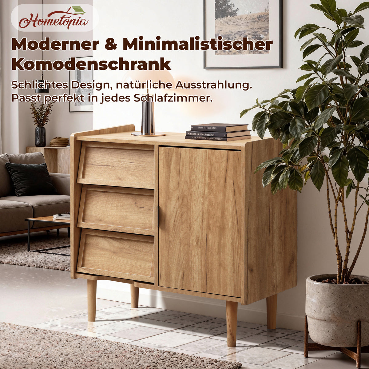 Hometopia Sideboard Holz mit 3 Schubladen & Tür, Kommode mit Verstellbarem Einlegeboden, Anrichte für Wohnzimmer und Flur, 80 × 39 × 74 cm