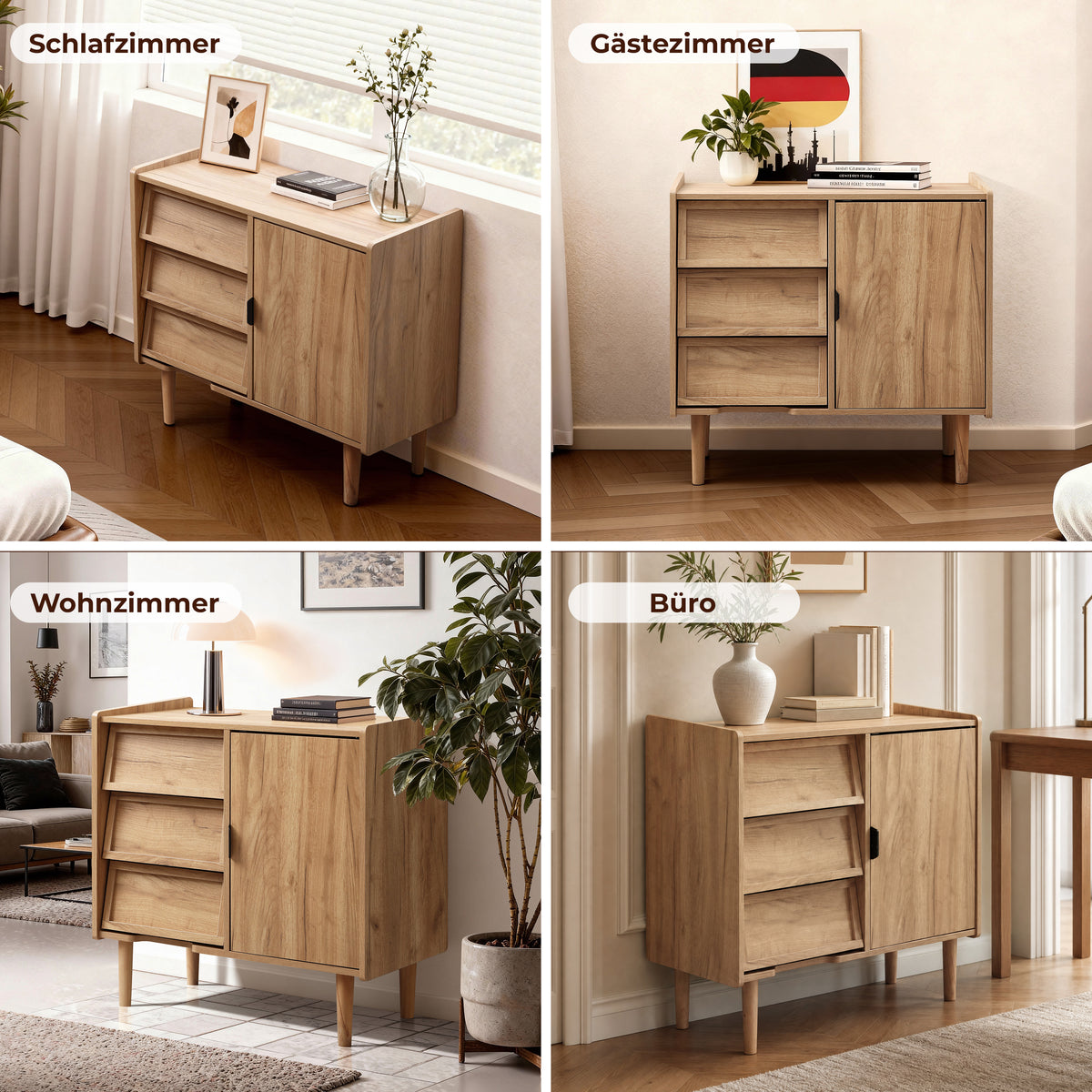 Hometopia Sideboard Holz mit 3 Schubladen & Tür, Kommode mit Verstellbarem Einlegeboden, Anrichte für Wohnzimmer und Flur, 80 × 39 × 74 cm