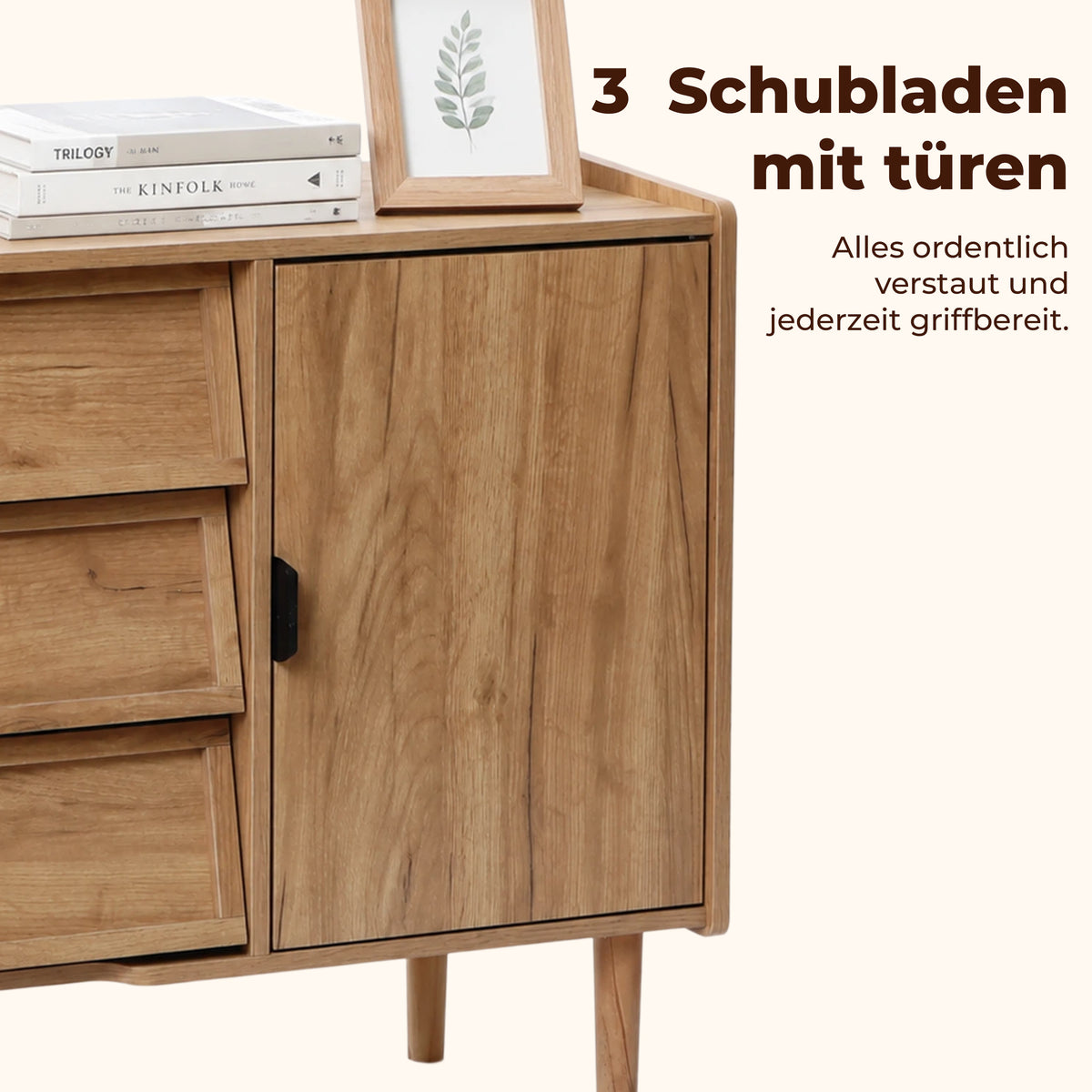 Hometopia Sideboard Holz mit 3 Schubladen & Tür, Kommode mit Verstellbarem Einlegeboden, Anrichte für Wohnzimmer und Flur, 80 × 39 × 74 cm