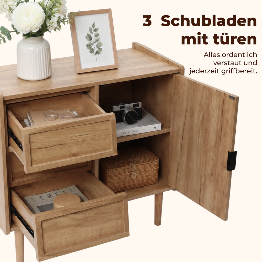 Hometopia Sideboard Holz mit 3 Schubladen & Tür, Kommode mit Verstellbarem Einlegeboden, Anrichte für Wohnzimmer und Flur, 80 × 39 × 74 cm