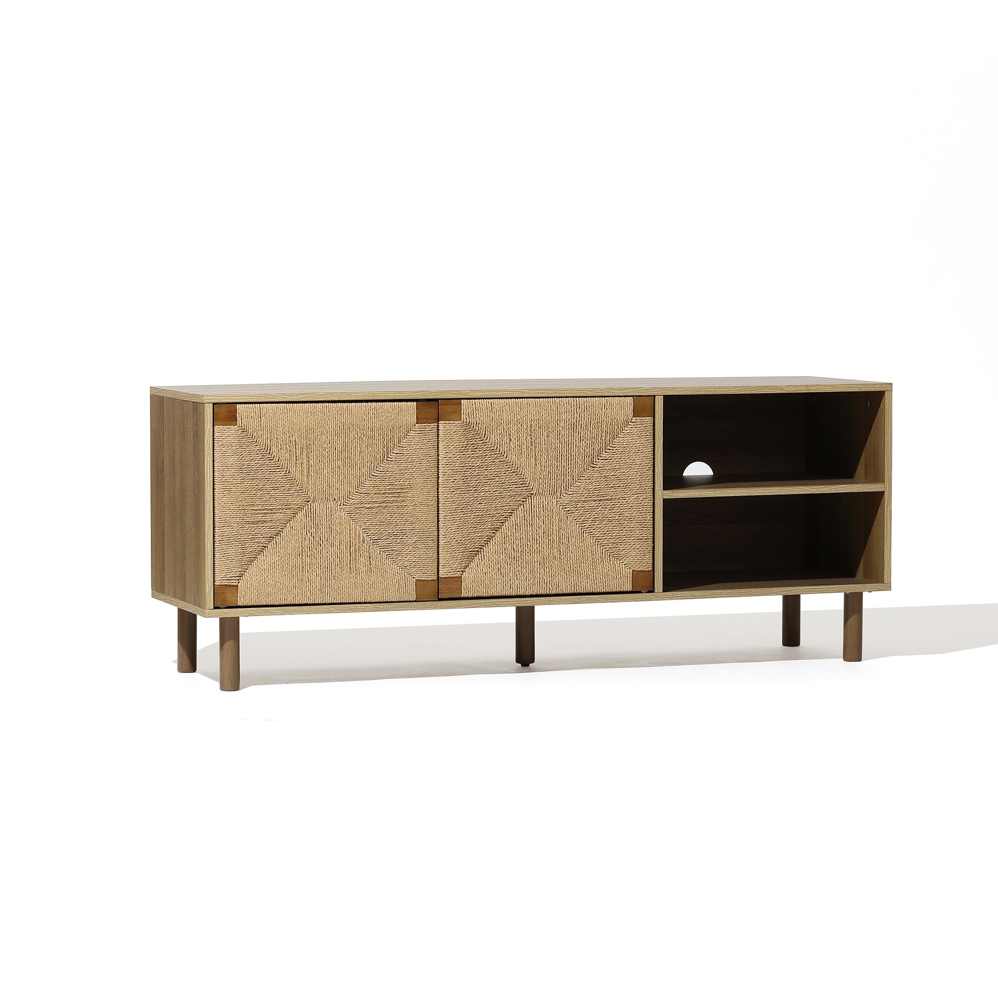 Mid-Century TV-Lowboard 140 cm mit Stauraum und Front mit Jutegeflecht