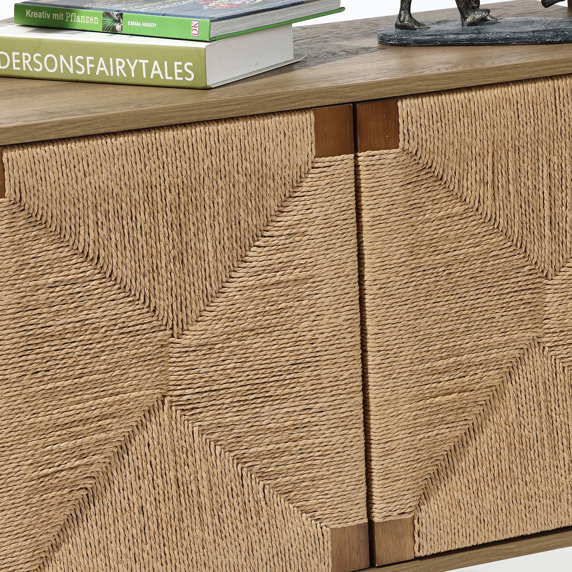 Regal im Vintage-Naturstil aus Holz – Aufbewahrungsregal mit 2 Türen und Flecht-Front