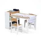 Kinder-Schreibtisch mit Bücherregal, 2 Stühlen und Papierrollenhalter, Weiß/Natur