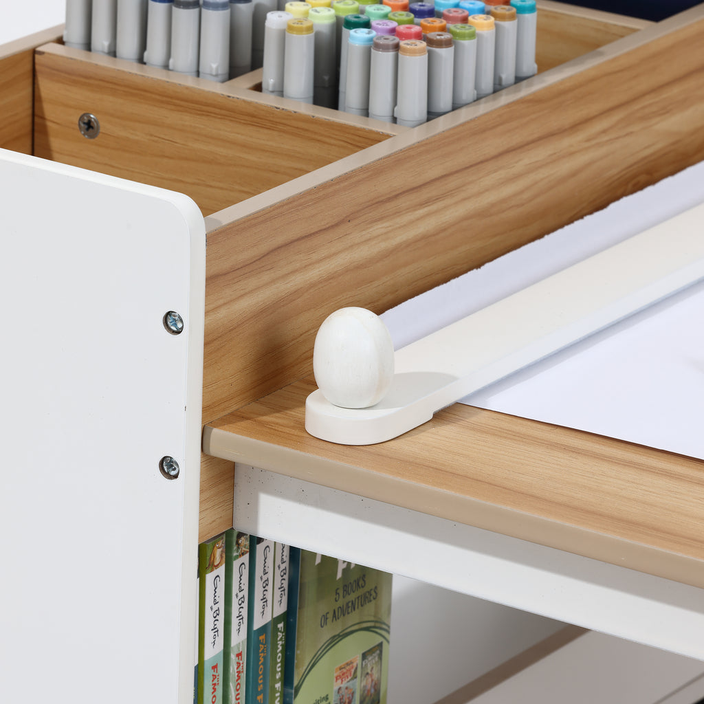 Kinder-Schreibtisch mit Bücherregal, 2 Stühlen und Papierrollenhalter, Weiß/Natur