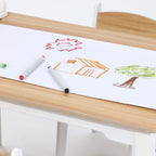 Kinder-Schreibtisch mit Bücherregal, 2 Stühlen und Papierrollenhalter, Weiß/Natur