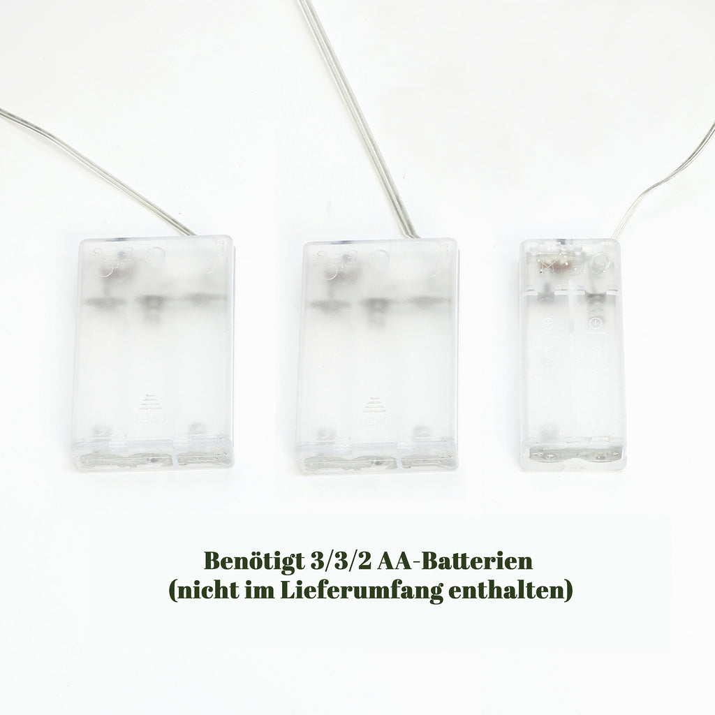 3er-Set LED-Geschenkboxen – Weihnachtsdeko in silber mit roten Schleifen und Beeren – Batteriebetrieben