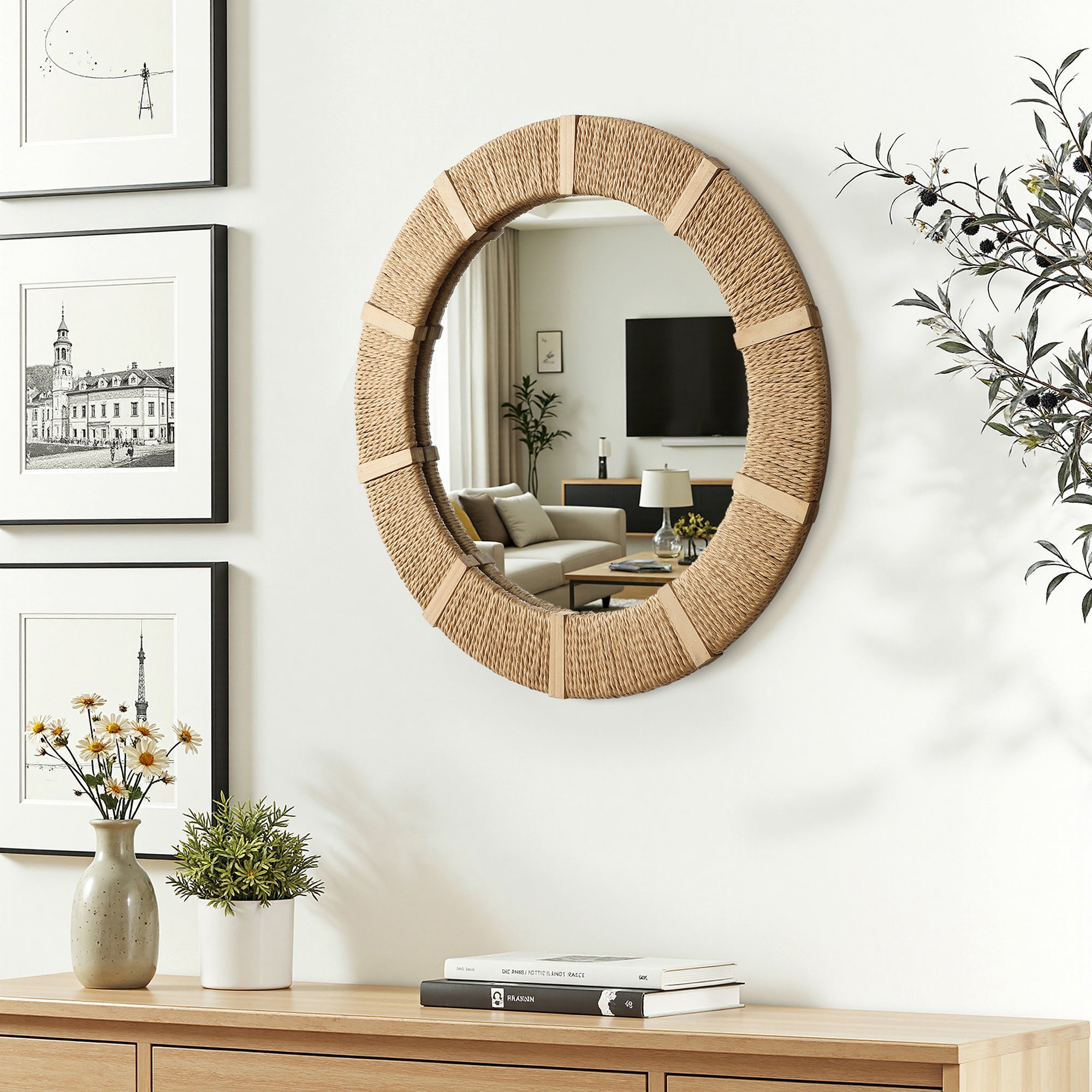 Runder Seegras-Wandspiegel – Naturstil Deko-Spiegel mit Organic Rahmen für Wohnraum